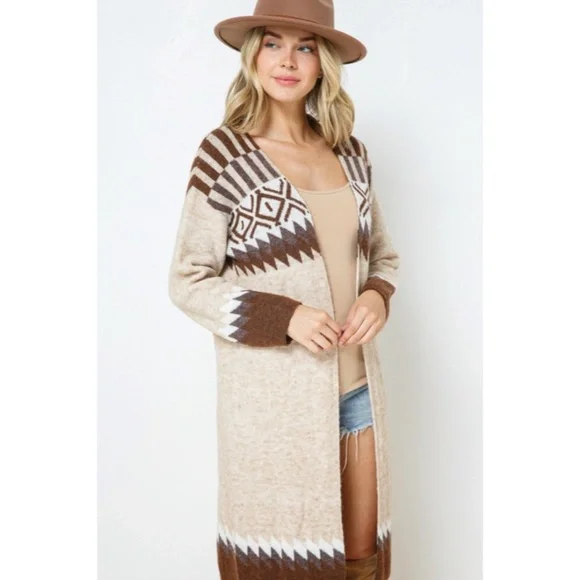 Taupe & Brown Aztec Tribal Western Boho Long Open Knit Cardigan Casual Sweater - Picture 8 of 8